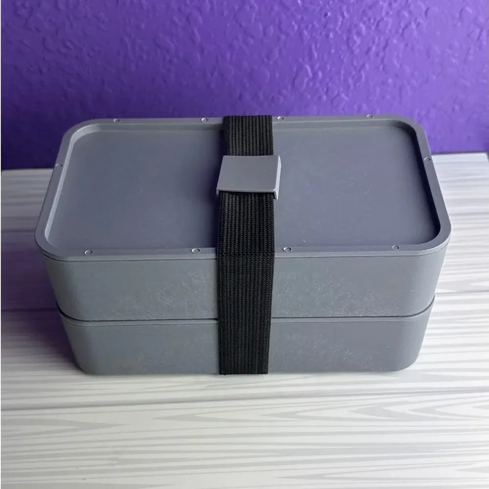 Bento Box Adult Lunch Box Stackable 2 Tier Gray with Strap and Fork Spoon Knife